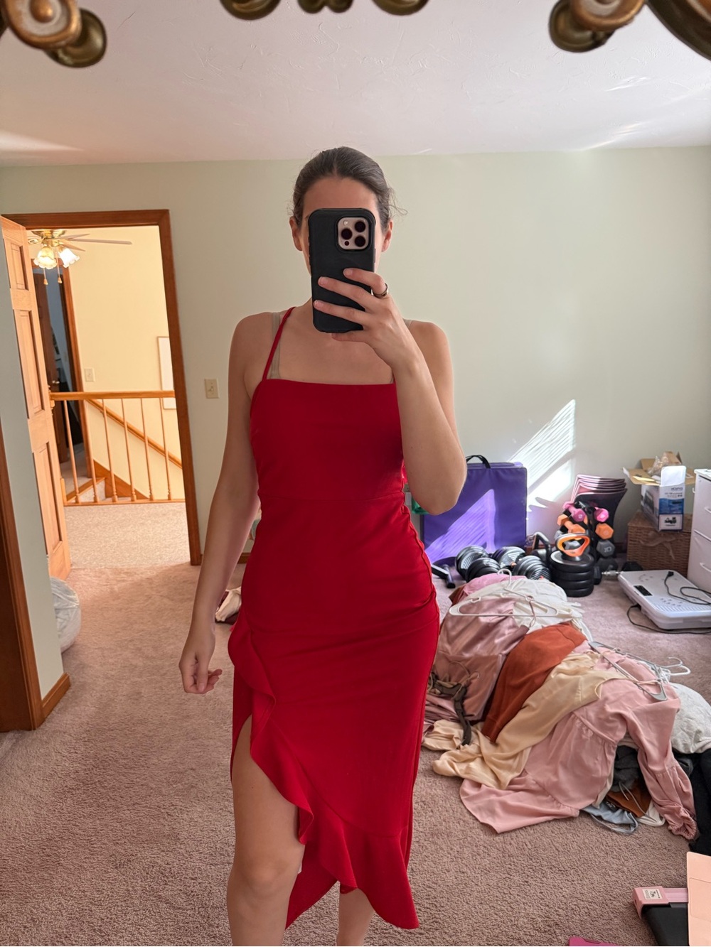 Women’s Red Halter Midi Dress with Ruffle Slit